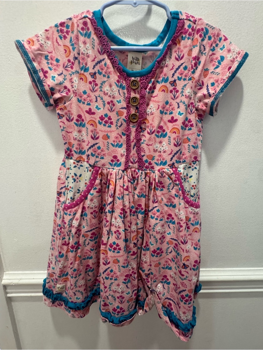 Wild Flowers Floral Pink Girls' Dress with Teal Trim